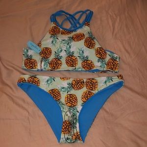 cupshe pineapple blue halter bikini set